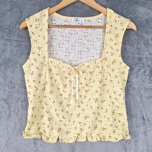 Womens Top XL Yellow‎ Milkmaid Boho Cottagecore Embroidered Floral Crop Eyelet